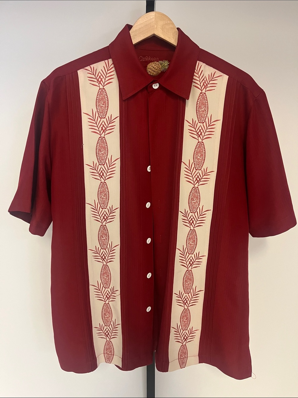 Caribbean Burgundy Short Sleeve Button-Down Shirt with Ivory Panels